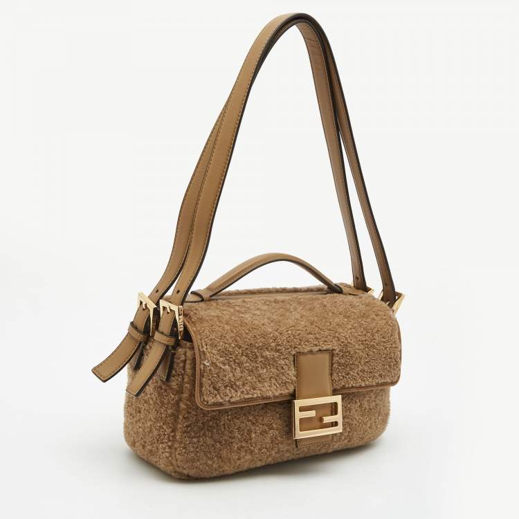 Pre Owned Fendi Brown Shearling and Leather Multi Baguette Shoulder Bag