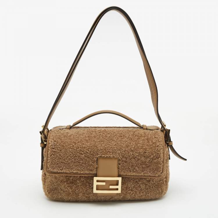 Pre Owned Fendi Brown Shearling and Leather Multi Baguette Shoulder Bag