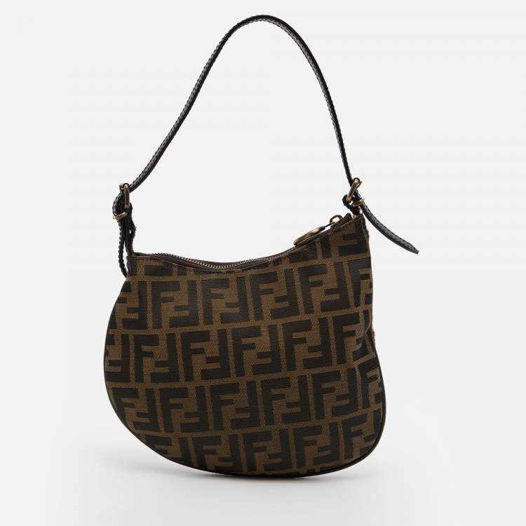 Pre Owned Fendi Tobacco/Beige Zucca Canvas and Calfhair Small Oyster Hobo