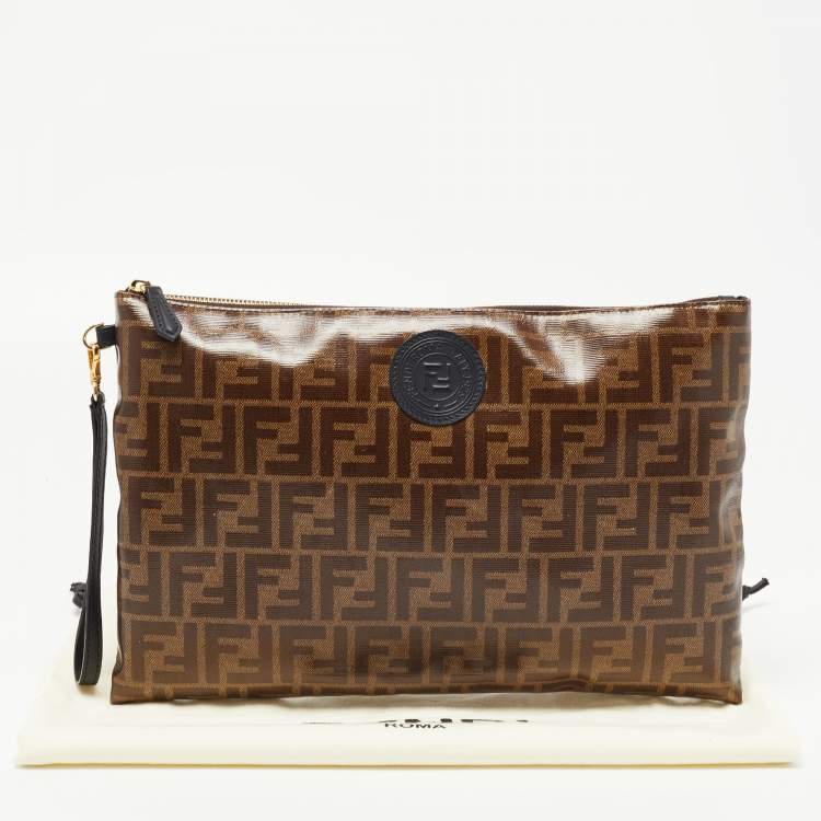 Pre Owned Fendi Brown Coated Canvas FFreedom Flat Pouch Bag