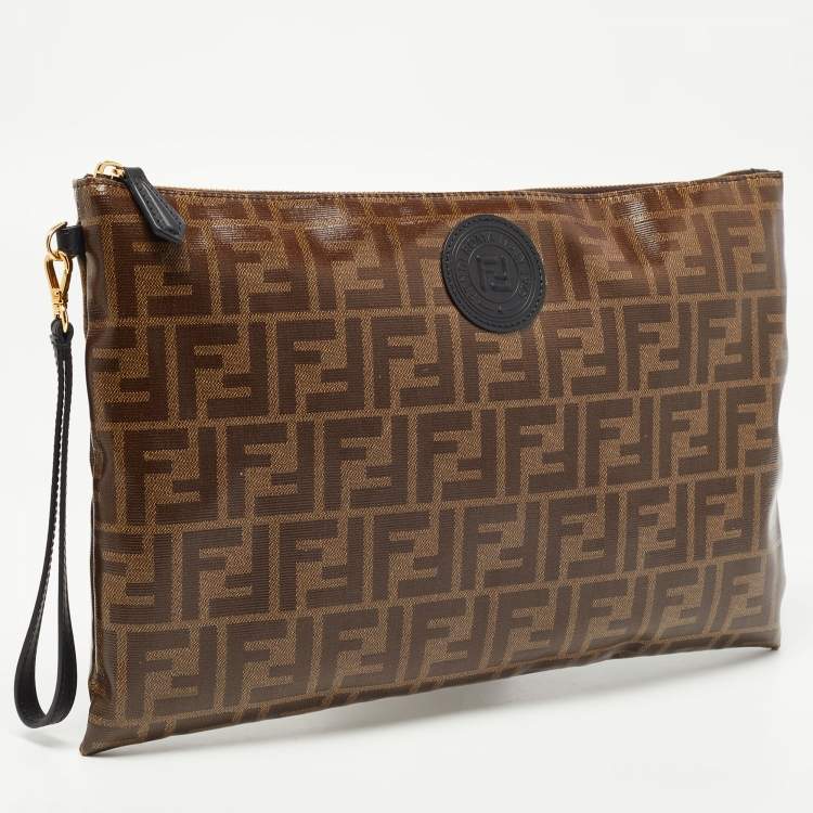 Pre Owned Fendi Brown Coated Canvas FFreedom Flat Pouch Bag
