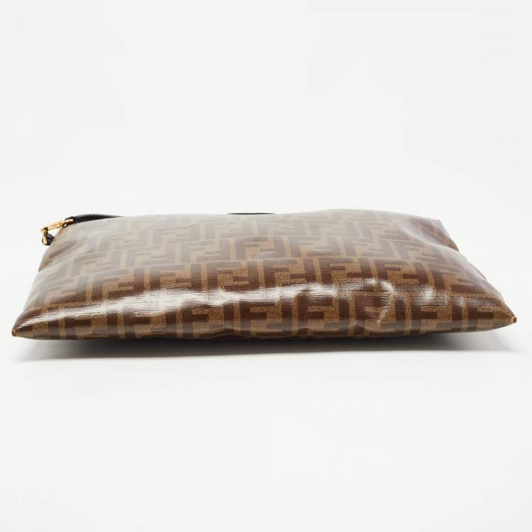 Pre Owned Fendi Brown Coated Canvas FFreedom Flat Pouch Bag