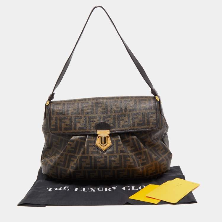 Pre Owned Fendi Tobacco Zucca Coated Canvas and Leather Push Lock Flap Shoulder Bag