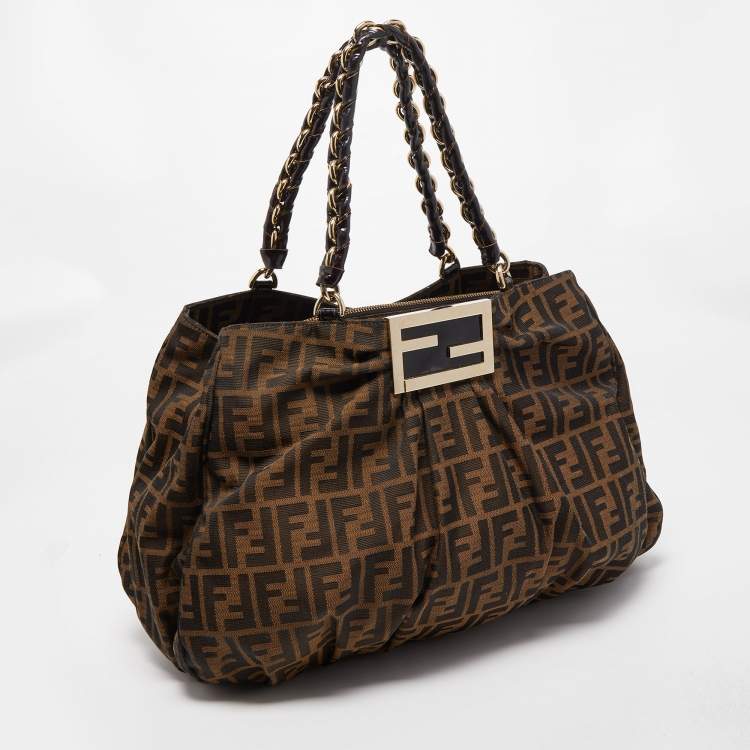 Pre Owned Fendi Tobacco Zucca Canvas and Patent Leather Large Mia Hobo
