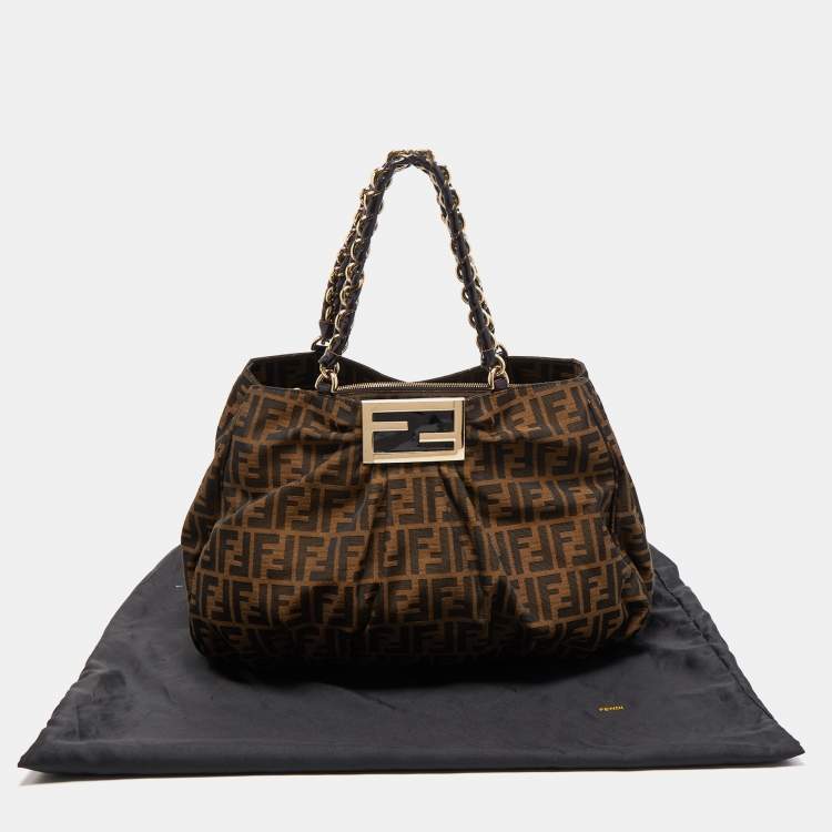 Pre Owned Fendi Tobacco Zucca Canvas and Patent Leather Large Mia Hobo