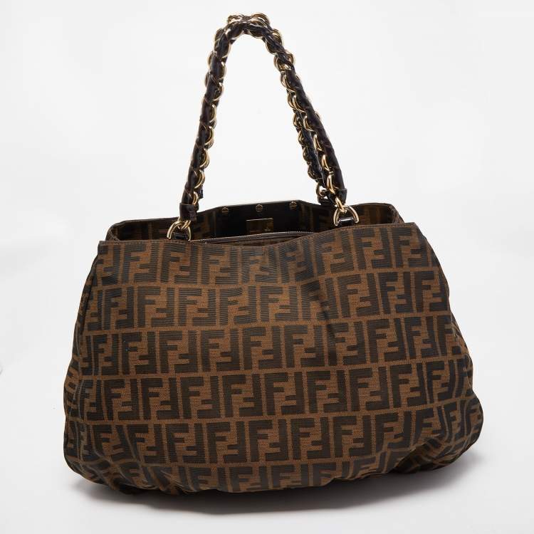 Pre Owned Fendi Tobacco Zucca Canvas and Patent Leather Large Mia Hobo