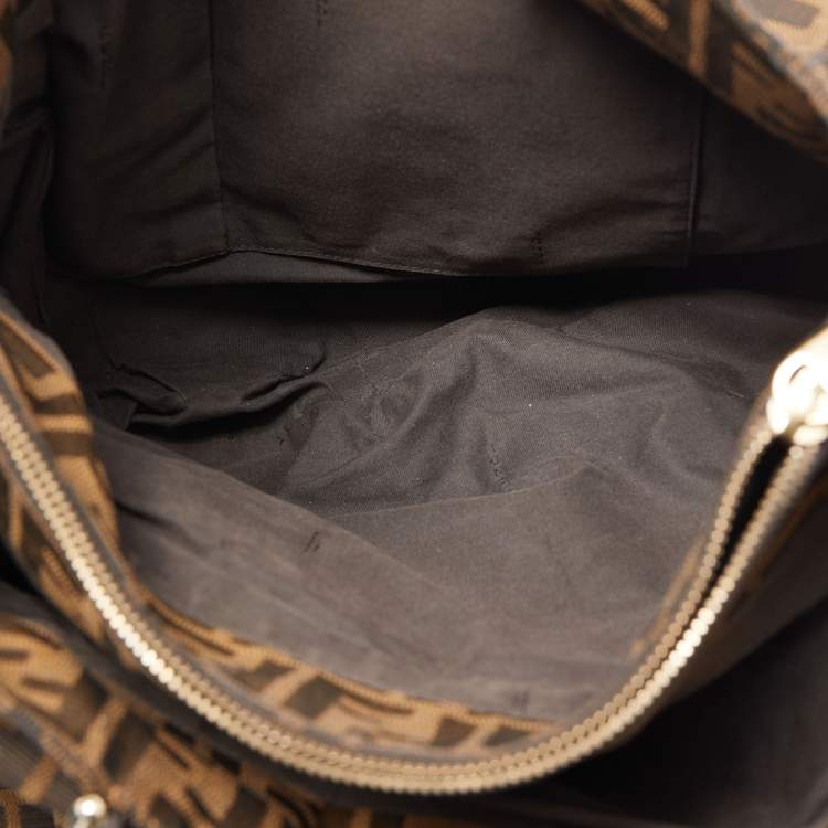 Pre Owned Fendi Tobacco Zucca Canvas and Patent Leather Large Mia Hobo