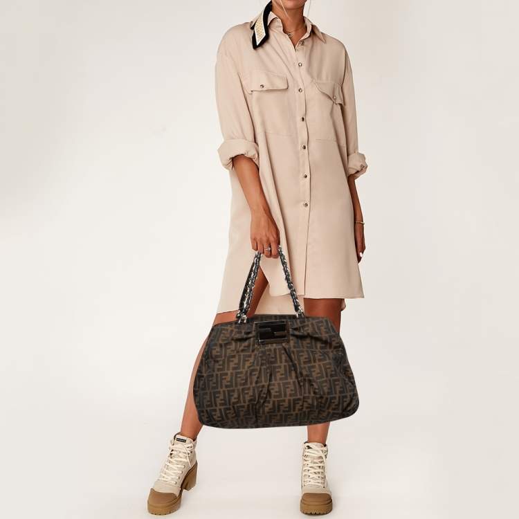 Pre Owned Fendi Tobacco Zucca Canvas and Patent Leather Large Mia Hobo