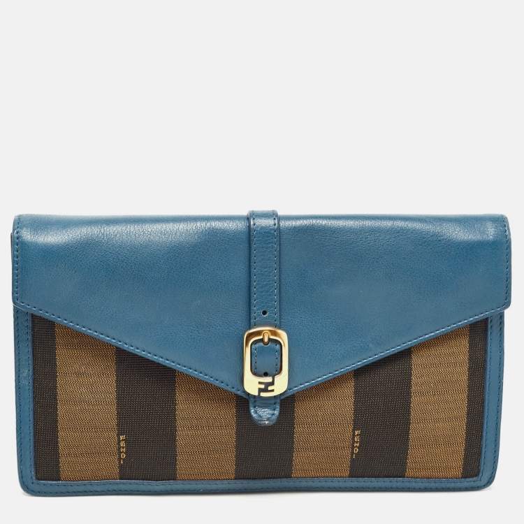 Pre Owned Fendi Dark Blue/Tobacco Pequin Canvas and Leather Bustina Clutch