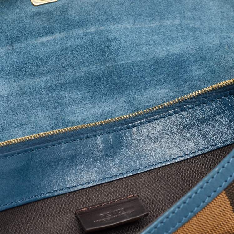 Pre Owned Fendi Dark Blue/Tobacco Pequin Canvas and Leather Bustina Clutch