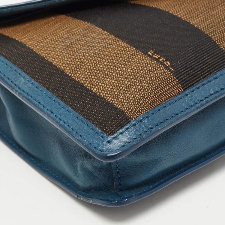 Pre Owned Fendi Dark Blue/Tobacco Pequin Canvas and Leather Bustina Clutch