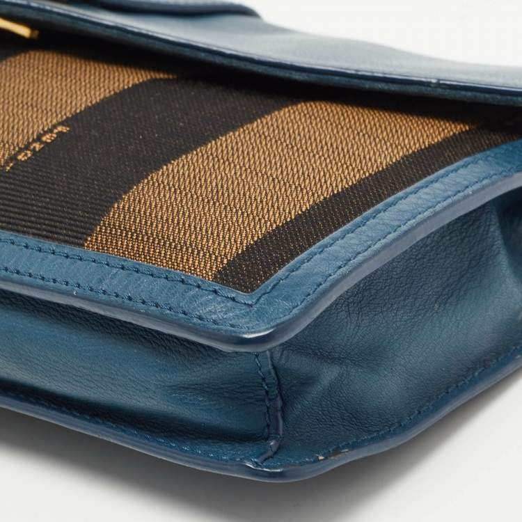 Pre Owned Fendi Dark Blue/Tobacco Pequin Canvas and Leather Bustina Clutch