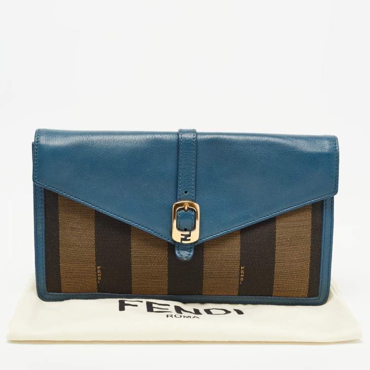 Pre Owned Fendi Dark Blue/Tobacco Pequin Canvas and Leather Bustina Clutch