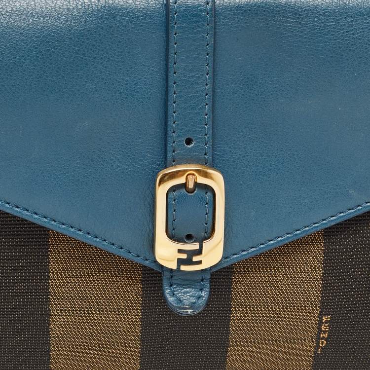 Pre Owned Fendi Dark Blue/Tobacco Pequin Canvas and Leather Bustina Clutch