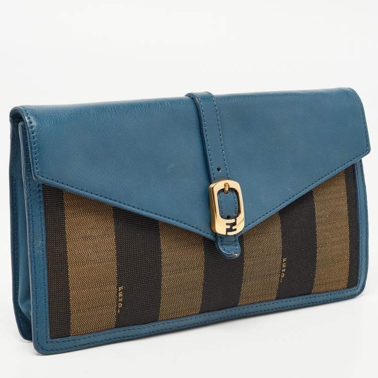 Pre Owned Fendi Dark Blue/Tobacco Pequin Canvas and Leather Bustina Clutch