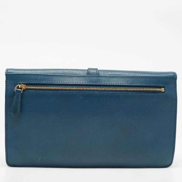 Pre Owned Fendi Dark Blue/Tobacco Pequin Canvas and Leather Bustina Clutch