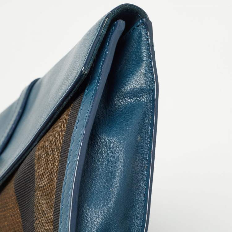 Pre Owned Fendi Dark Blue/Tobacco Pequin Canvas and Leather Bustina Clutch