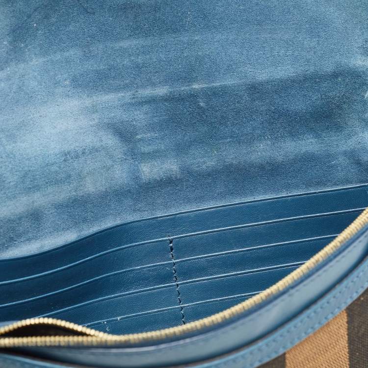 Pre Owned Fendi Dark Blue/Tobacco Pequin Canvas and Leather Bustina Clutch