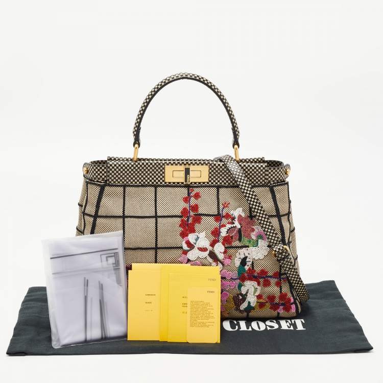 Pre Owned Fendi Printed Canvas and Leather Medium Beads Embroidered Peekaboo Top Handle Bag