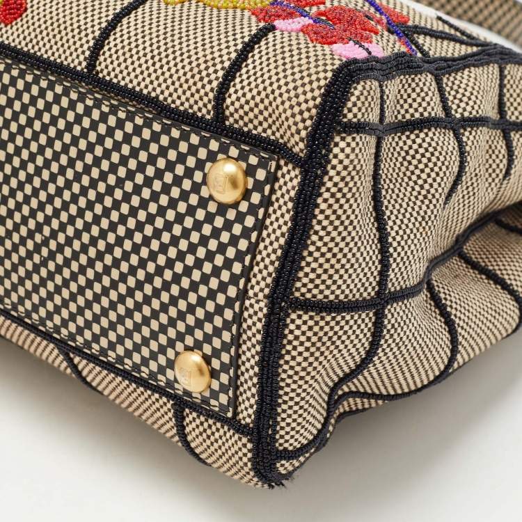 Pre Owned Fendi Printed Canvas and Leather Medium Beads Embroidered Peekaboo Top Handle Bag