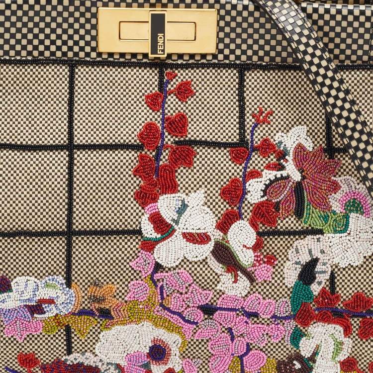 Pre Owned Fendi Printed Canvas and Leather Medium Beads Embroidered Peekaboo Top Handle Bag