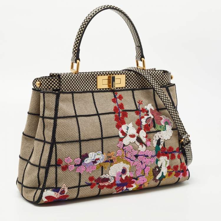 Pre Owned Fendi Printed Canvas and Leather Medium Beads Embroidered Peekaboo Top Handle Bag