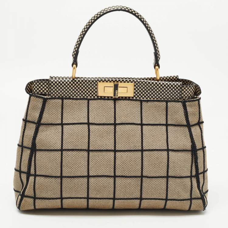 Pre Owned Fendi Printed Canvas and Leather Medium Beads Embroidered Peekaboo Top Handle Bag