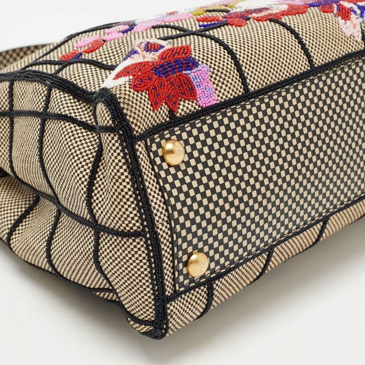 Pre Owned Fendi Printed Canvas and Leather Medium Beads Embroidered Peekaboo Top Handle Bag