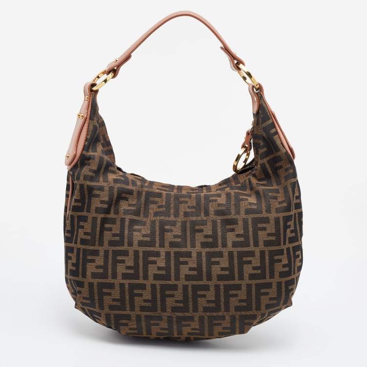 Pre Owned Fendi Tobacco/Pink Zucca Canvas and Leather Medium Chef Hobo