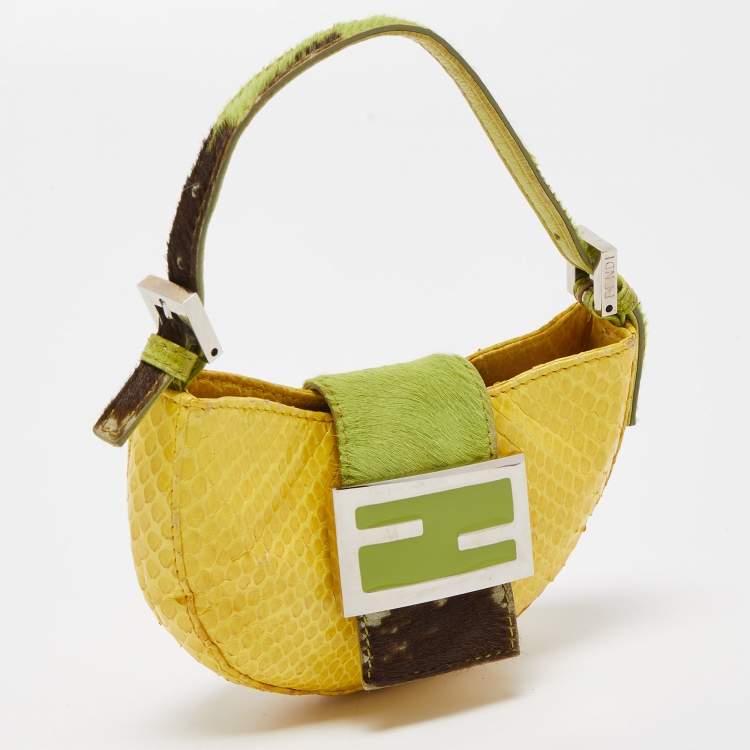 Pre Owned Fendi Yellow/Green Python And Calf Hair Mini Croissant Pochette