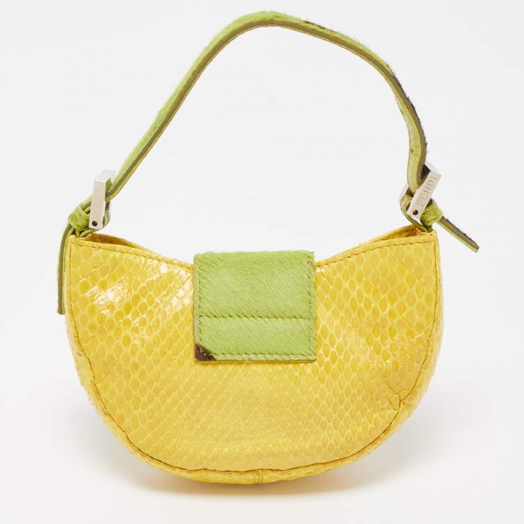 Pre Owned Fendi Yellow/Green Python And Calf Hair Mini Croissant Pochette