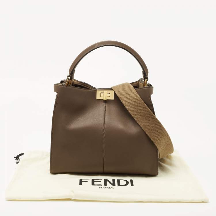 Pre Owned Fendi Dark Brown Leather Medium Peekaboo X Lite Top Handle Bag
