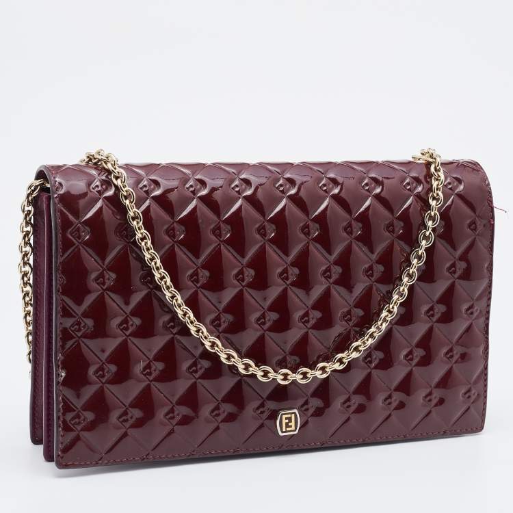 Pre Owned Fendi Burgundy Patent Leather Fendilicious Wallet on Chain