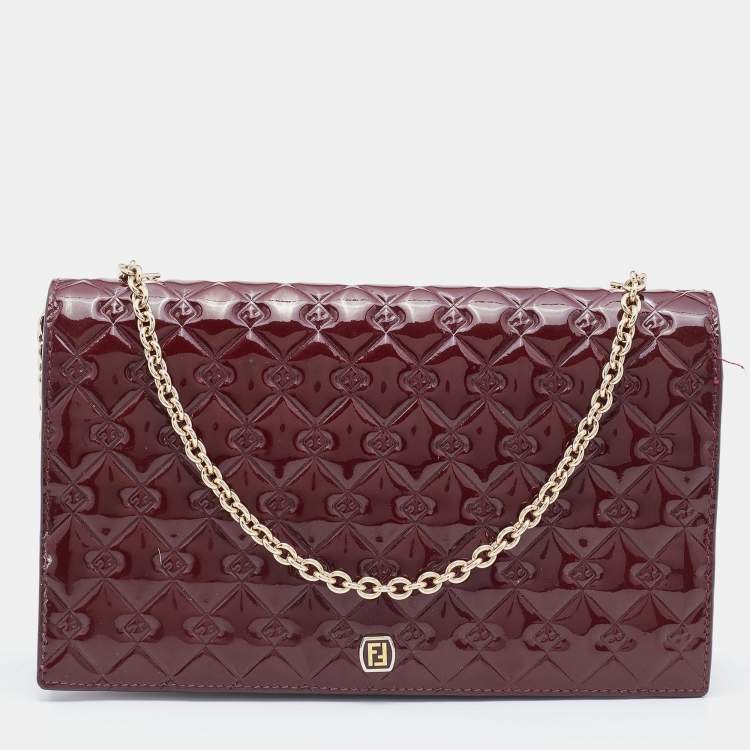 Pre Owned Fendi Burgundy Patent Leather Fendilicious Wallet on Chain