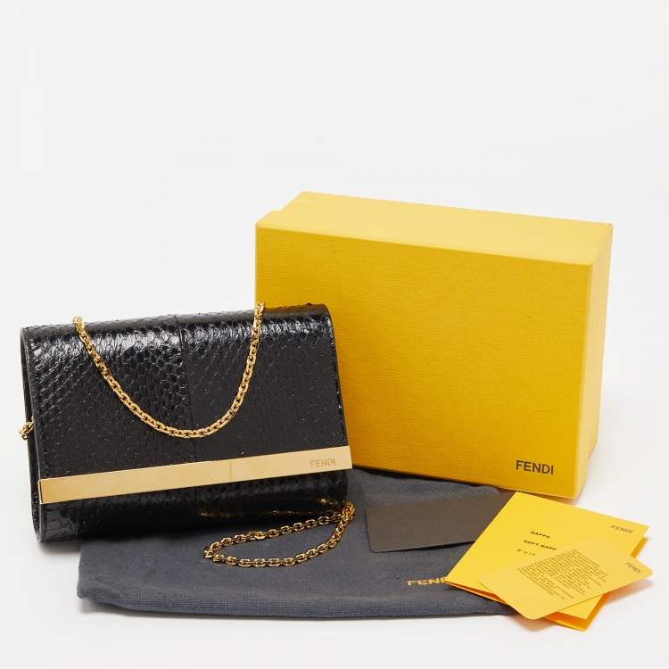 Pre Owned Fendi Black Elaphe Watersnake Leather Rush Chain Clutch