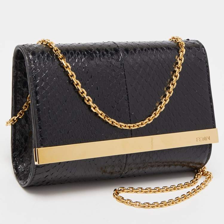 Pre Owned Fendi Black Elaphe Watersnake Leather Rush Chain Clutch