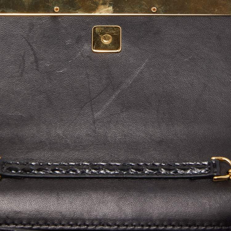 Pre Owned Fendi Black Elaphe Watersnake Leather Rush Chain Clutch