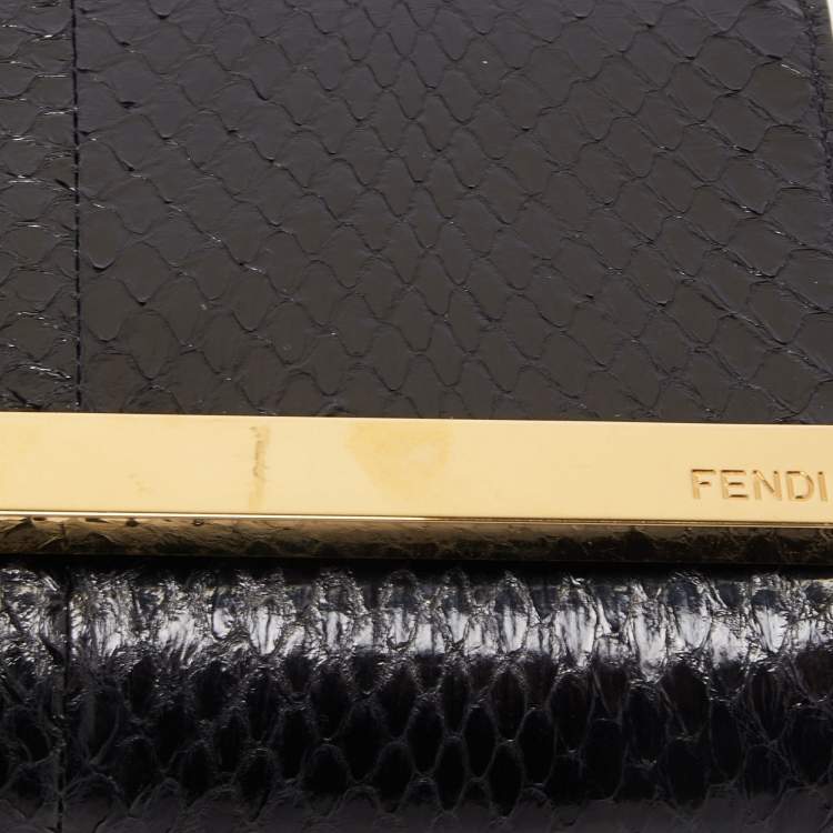 Pre Owned Fendi Black Elaphe Watersnake Leather Rush Chain Clutch