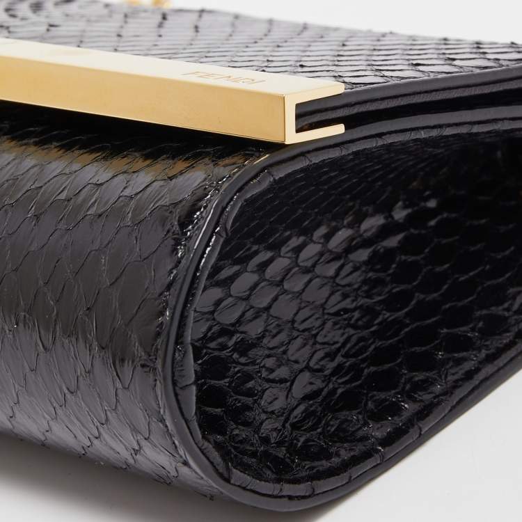 Pre Owned Fendi Black Elaphe Watersnake Leather Rush Chain Clutch