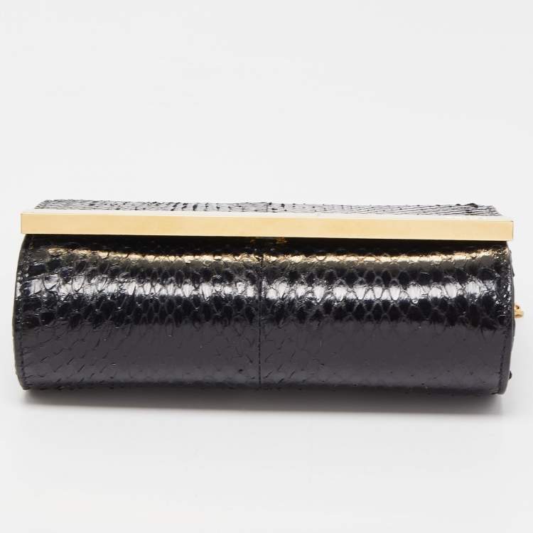 Pre Owned Fendi Black Elaphe Watersnake Leather Rush Chain Clutch