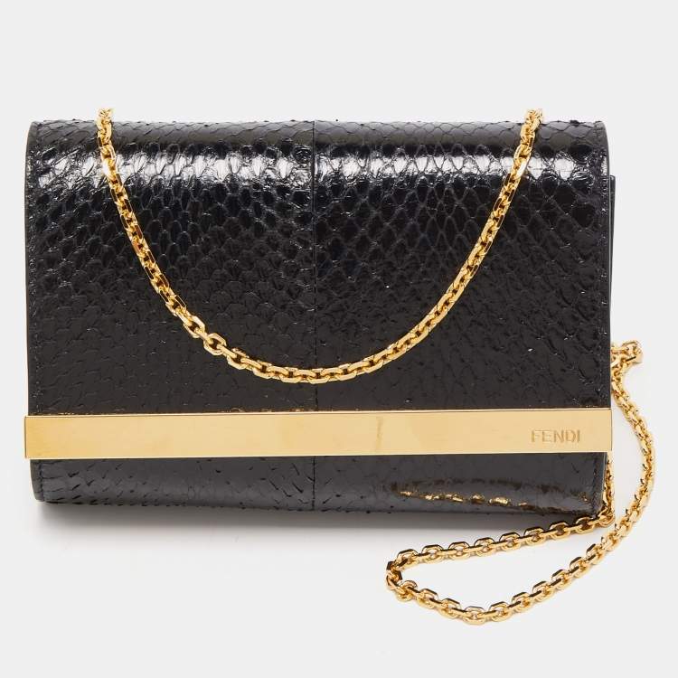 Pre Owned Fendi Black Elaphe Watersnake Leather Rush Chain Clutch