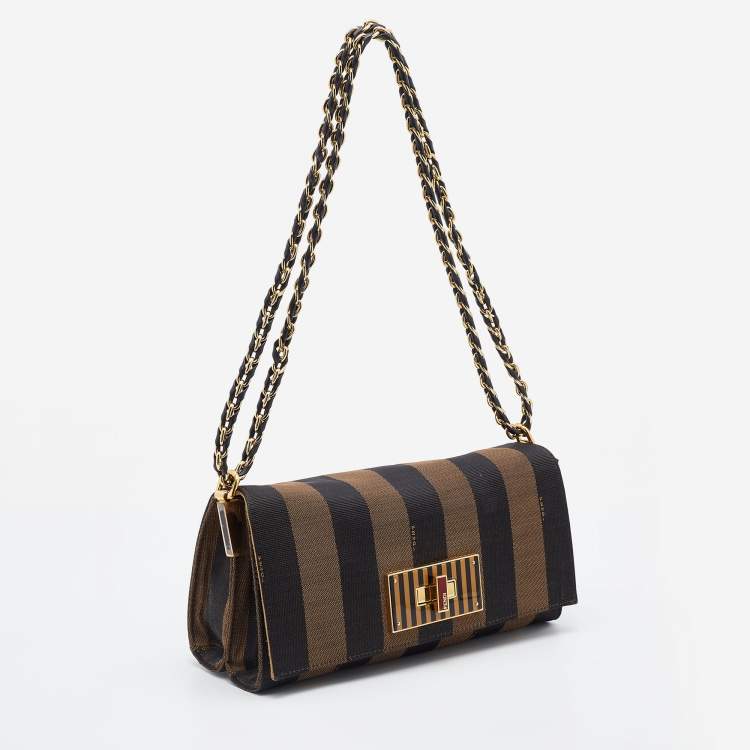 Pre Owned Fendi Tobacco Pequin Canvas and Leather Small Claudia Shoulder Bag