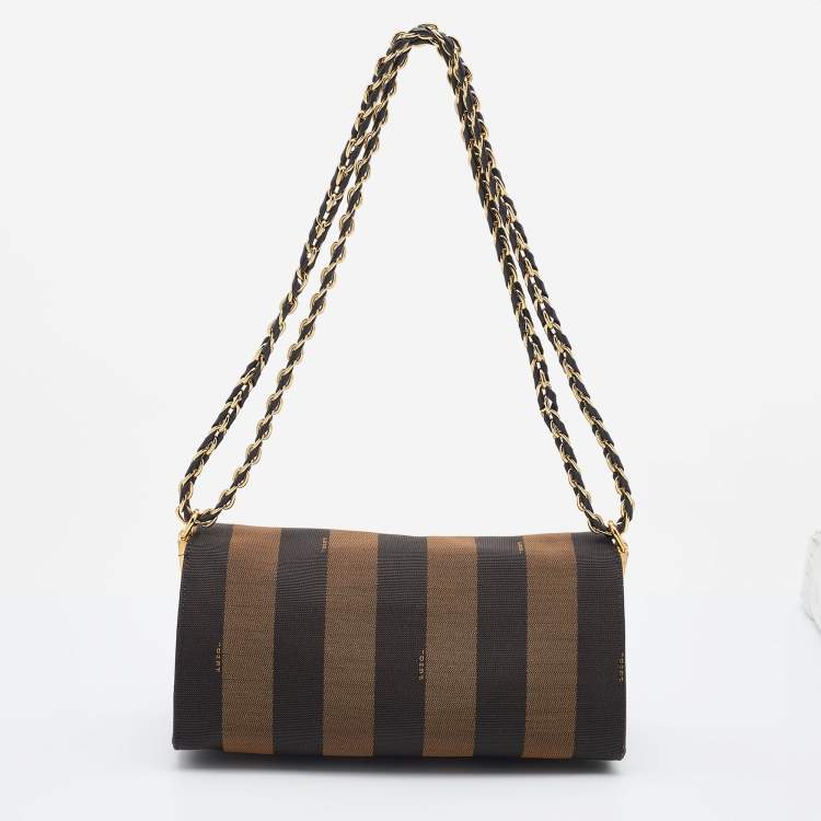Pre Owned Fendi Tobacco Pequin Canvas and Leather Small Claudia Shoulder Bag