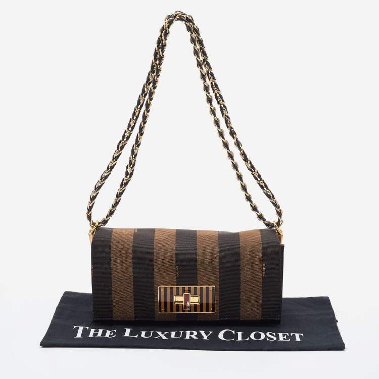 Pre Owned Fendi Tobacco Pequin Canvas and Leather Small Claudia Shoulder Bag