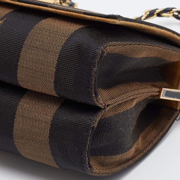 Pre Owned Fendi Tobacco Pequin Canvas and Leather Small Claudia Shoulder Bag