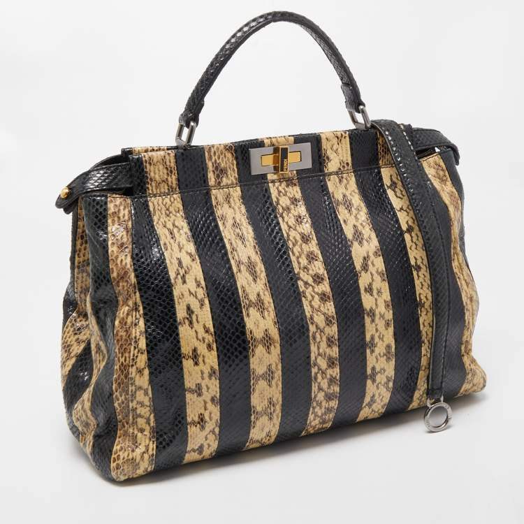 Pre Owned Fendi Beige/Black Python Leather Large Peekaboo Top Handle Bag
