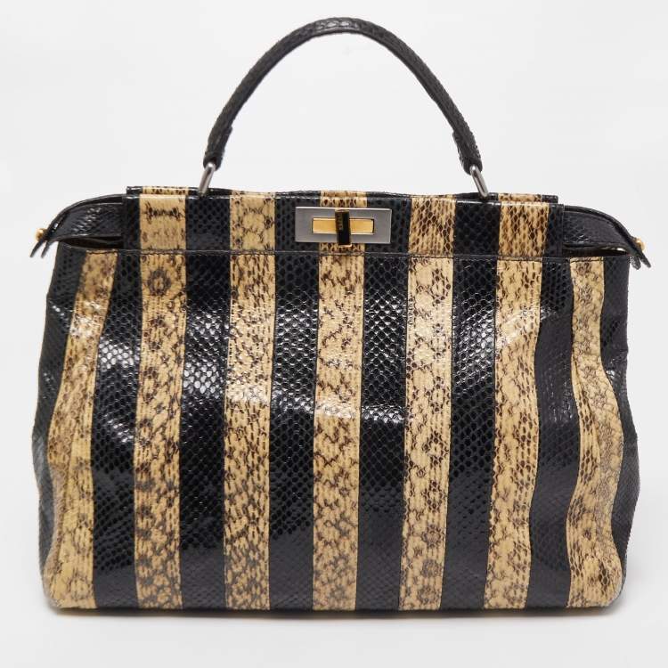 Pre Owned Fendi Beige/Black Python Leather Large Peekaboo Top Handle Bag