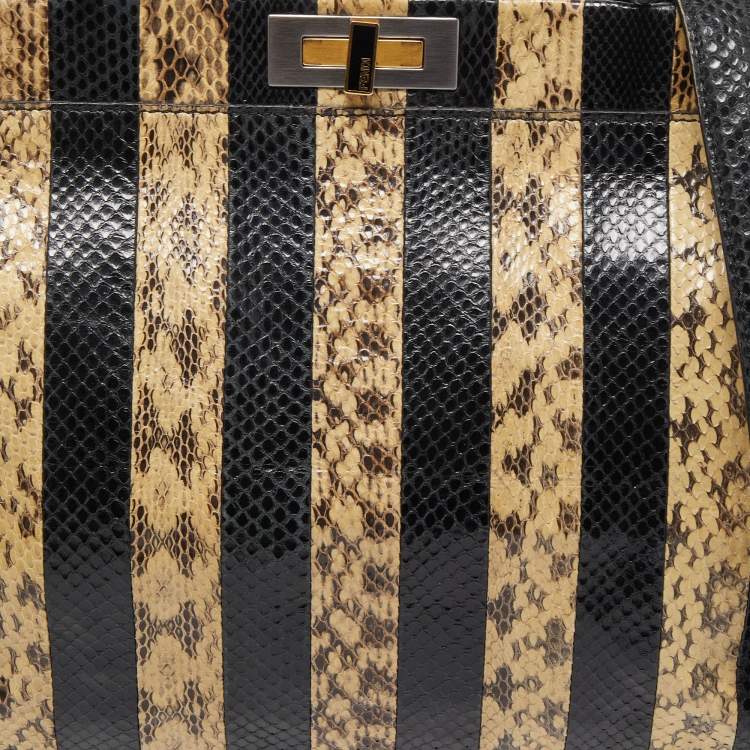 Pre Owned Fendi Beige/Black Python Leather Large Peekaboo Top Handle Bag