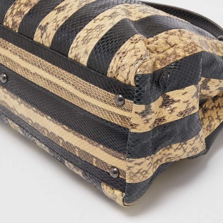 Pre Owned Fendi Beige/Black Python Leather Large Peekaboo Top Handle Bag