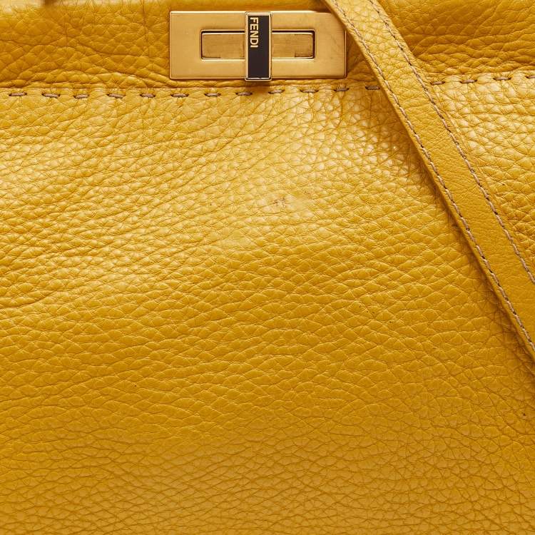 Pre Owned Fendi Yellow Selleria Leather Medium Peekaboo Top Handle Bag